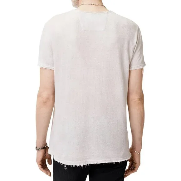 John Varvatos Men's Freedom Embroidered SS Crew T-Shirt Frayed Raw Edges Salt S
